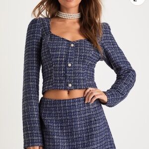 NWT Lulu’s Blue Tweed Pearl Button Long Sleeve Executive Top